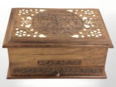 An Anglo Indian bone inlaid jewellery box containing a small quantity of costume jewellery,