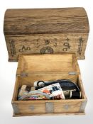 Two reproduction oak dome top sewing boxed, largest 39 cm wide.