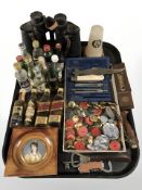 Assorted buttons, alcohol miniatures, pair of Optal 7x50 binoculars,