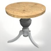 A pine-topped circular occasional table on tripod support,