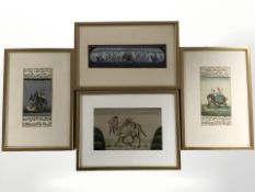 Indian School : A group of gouache paintings depicting a procession, a tiger hunt, etc,