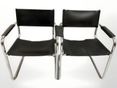 A pair of chrome and black vinyl armchairs, width 60 cm.