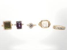 Five 9ct yellow gold dress rings set with semi precious stones CONDITION REPORT: 16.