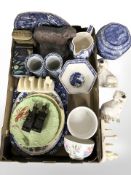 Ringtons blue and white caddy, pair of Royal Doulton Staffordshire dogs,