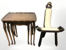 A nest of three beech tables and a pine tripod stool.