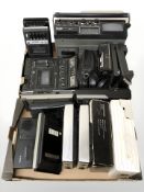 A group of vintage radios, stereo recorder.