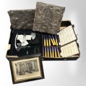 Two box sets of cutlery, bottle opening set, two wooden printing blocks, etc.