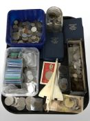 Assorted coins including crowns, decimal coin sets, bank notes, pre-decimal, a model of Concorde,
