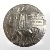 A World War I death plaque, named to John O'Neill.