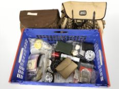 A wicker fishing creel, further fishing bag, assorted equipment including spools, line,