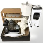 A ceramic bust of a lady, modern table lamp, air cooler, pine wine rack,