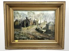 R Alder : A bridge over a river in a rural village, oil on canvas, 30 cm x 40 cm.