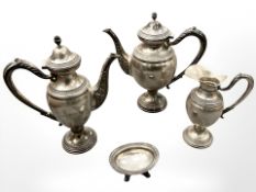 An Italian silver teapot, coffee pot, milk jug and similar sugar bowl, stamped 800, tallest 26cm.