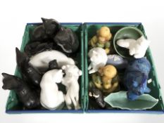 Assorted ceramic cat figures, fruit ornaments, bowls, etc.