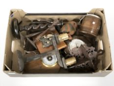 A quantity of treen, candlesticks, oak barometer, biscuit barrel, etc.