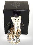 A Royal Crown Derby cat paperweight, with silver stopper, boxed.