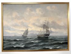 Danish School : Ships in rough seas, oil on canvas, 61 cm x 43 cm.