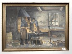 Danish School : Blacksmiths by an anvil, 68 cm x 47 cm.