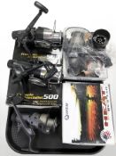 Four fishing reels including two Quanton BCS 340 reels and two Kudos Freespin Specialist 500 reels,