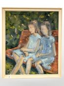 Danish School : Two children seated on a bench, oil on canvas, 67 cm x 79 cm.