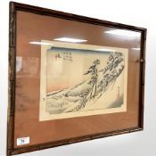 After Hiroshige : Clear Weather after Snow at Kameyama, hand coloured print, 38 cm x 26 cm.