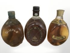 Three bottles of John Haig & Co. dimple scotch whisky.