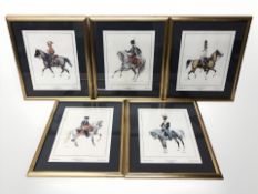 Five colour prints depicting cavalry men on horseback,