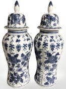 A pair of modern Chinese blue and white porcelain temple jars, height 87 cm.