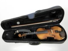 A contemporary violin labelled 'Le Debutante', with two piece 14
