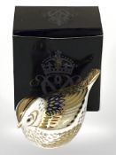 A Royal Crown Derby Firecrest paperweight, with gold stopper, boxed.