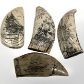 Four Scrimshaw style resin carvings,