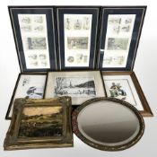 A group of pictures and prints, a Barbola mirror.