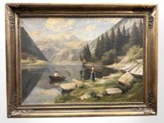 Danish School : Figures by a fjord, oil on canvas, 100 cm x 70 cm.