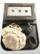 A Ravenscroft judge's wig, small cast iron stove, similar coal bucket, and a bell box.