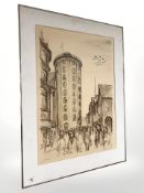 A limited edition Danish colour print depicting figures in a street, indistinctly signed in pencil,