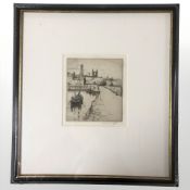After Malcolm Patterson : Fishing boats in a harbour, dry point etching, signed in pencil,