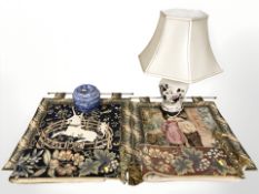 A Masons lamp base, Ringtons blue and white caddy, various embroidered items, etc.