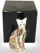A Royal Crown Derby cat paperweight with gold stopper, boxed.