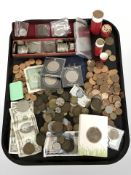 Assorted coins and bank notes including some pre-1947 British half crowns,