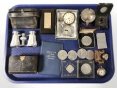 A group of crowns, pair of opera glasses, antique pocket bible, lady's fob watch,