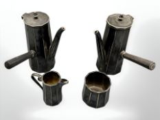 A pair of Asprey London silver-plated hot chocolate pots with matching milk and sugar, tallest 14.