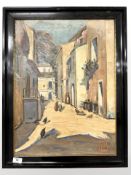 Danish School : Figures with chickens in a street, 42 cm x 57 cm.