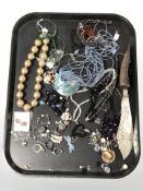 Assorted modern costume jewellery, dress rings, silver bladed fish knife with antler handle, etc.