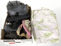 A group of lady's handbags, Laura Ashley curtains, etc.
