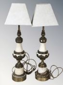 A pair of decorative ceramic and brass mounted table lamps with shades, height 80 cm.