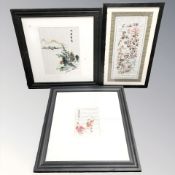 Three 20th century Chinese silkwork panels, largest 76 cm x 44 cm overall.