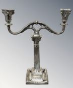 A continental silver twin-branch candelabrum, stamped 835,