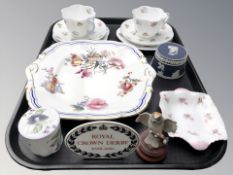 A pair of Shelley porcelain trios, decorated with roses, a Coalport 'Old Coalport' porcelain dish,