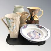A group of Art Deco pottery jugs, vase, a Burleigh Ware fruit bowl, etc.