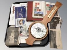 A reproduction barometer, together with antiquarian postcards, stamps, ornithological lithographs,